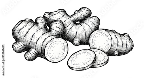 Hand drawn sketch of fresh ginger root and slices.