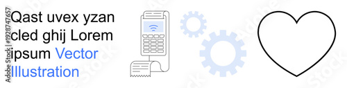 E-commerce, digital payments, app settings, financial technology, connectivity, user experience. Mobile terminal with gears and heart shape. E-commerce and digital payments theme