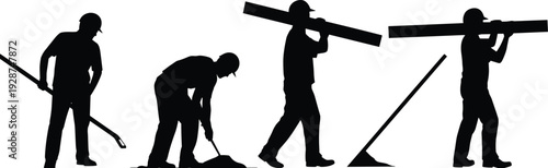 Construction worker silhouettes, crowbar usage, shoveling dirt, beam carrying, hard hat safety, teamwork illustration, manual labor, industrial site artwork design
