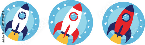 Set of three colorful rocket ships in circles