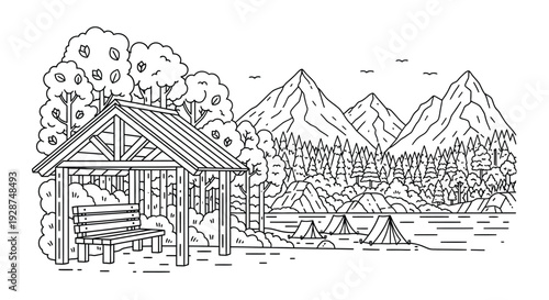 A detailed line art illustration of a serene mountain landscape with a wooden shelter, a lake, and a campsite with tents, surrounded by forests.