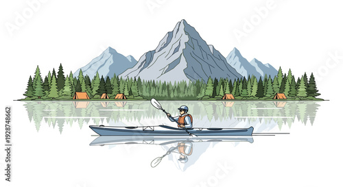 Illustration of a person kayaking on a serene lake with majestic mountains, a dense forest, and a campsite in the background, reflected in the calm water.