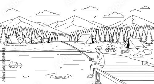 Line art illustration of a person fishing from a dock at a tranquil lakeside campsite with tents, a campfire, a dense pine forest, and majestic mountains.