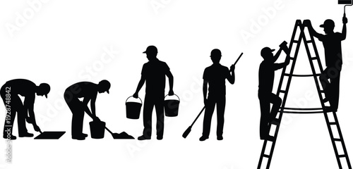 Construction worker silhouettes, ladder climbing, sweeping labor, shoveling dirt, bucket carrying, paint roller, manual tasks, industrial site, teamwork artwork