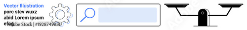 Search engines, fairness, digital tools, justice, online systems, equality. Gear and magnifying glass alongside a balanced scale. Search engines and justice balance concept