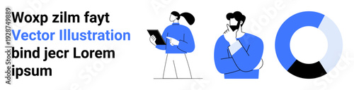 Business strategy, data analysis, teamwork, digital communication, professional planning, creative thinking. Two abstract characters engage in a business discussion with a circular chart. Business