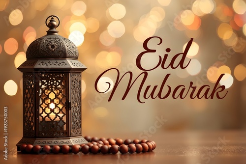 Eid Mubarak Greeting Typography Beautiful Bokeh. Ramadan Candle Lantern with Wooden Prayer Beads