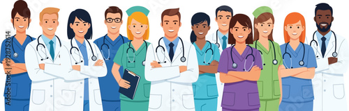 Diverse group of medical professionals including doctors and nurses stand together confidently with arms crossed in a.