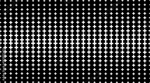 Monochrome plus sign pattern, grid layout with gradient density, clean abstract design.