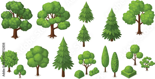 Assortment of isometric green trees and shrubs provides diverse natural elements for landscape design and environmental.