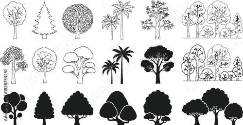 Collection of detailed black and white tree outlines and silhouettes suitable for architectural plans or design mockups.