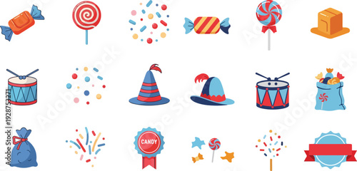 Colorful Festive Celebration Icon Set for Purim Festival, Kids Birthday Party, and Carnival Fair