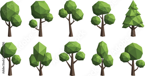 Collection of ten low-poly geometric trees showcases diverse shapes and canopy designs for environmental graphics.