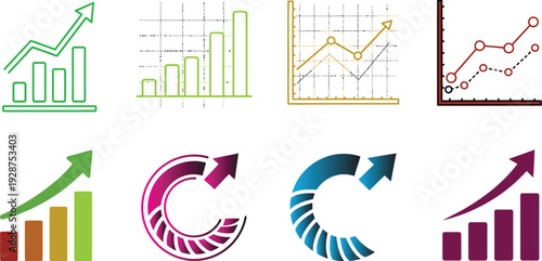 Multiple ascending bar charts and line graphs illustrate positive business growth trends using bright colored outlines.