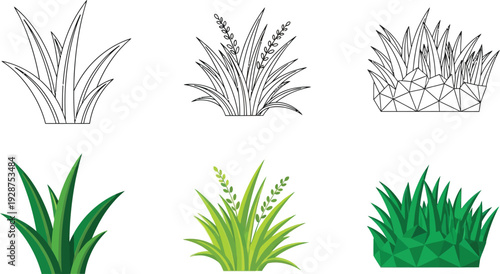 Three distinct styles of grass clumps are displayed in line art, colored rendering, and low-poly geometric.