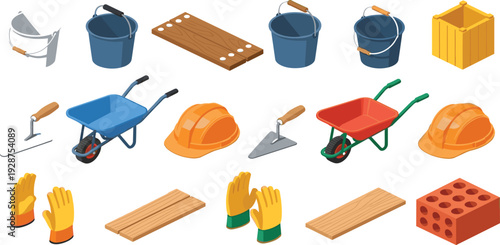 Isometric construction equipment set featuring protective hard hats work gloves wheelbarrows building 