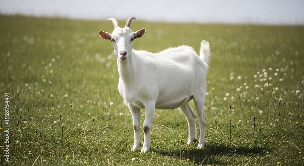 Obraz premium White Goat Stands in Green Meadow