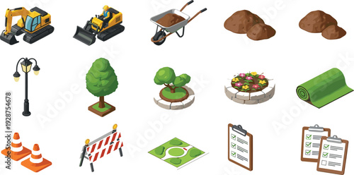 Isometric construction site landscaping set featuring excavators wheelbarrows soil piles garden flower beds green turf rolls street lamps traffic cones and project management checklists.