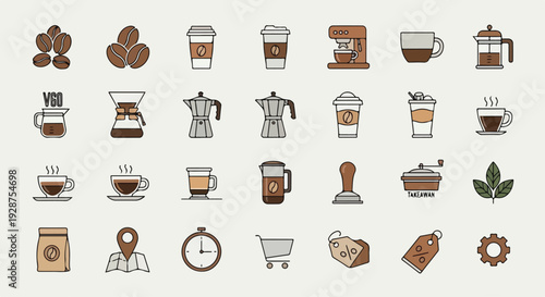 Flat lay of various coffee shop icons and symbols on a neutral background with warm brown tones
