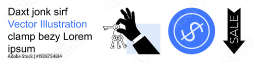 Security concepts, financial management, discounts, monetary value, business transactions, affordable deals. A hand holding keys, a dollar icon and a sale arrow. Security and financial management