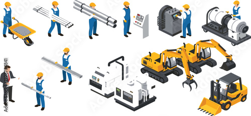 Isometric construction workers set with builders carrying pipes, operating machinery, using wheelbarrows, site manager with blueprints, yellow excavators, forklifts, and industrial factory equipment.