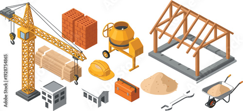 Isometric construction site vector set featuring tower crane building materials like bricks timber wood planks cement mixer hard hat toolbox wrench and house frames.