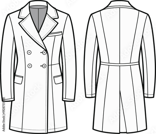 Black and white vector illustration of women double breasted tailored coat, front and back view, fashion technical drawing template isolated on gray background