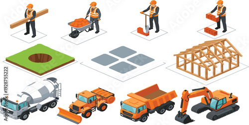 Isometric construction workers set with builders laying bricks digging holes carrying timber and pushing wheelbarrows alongside cement trucks dump trucks excavators and house frames.