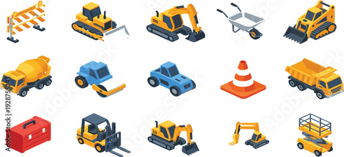 Isometric heavy construction machinery set featuring yellow excavators bulldozers road rollers scissor lifts dump trucks forklift cement mixers safety barriers and toolboxes.