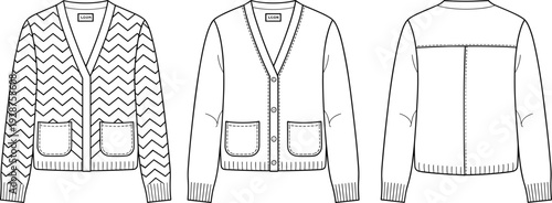Black and white vector illustration of women knitted cardigan sweater, front and back views with pattern variation, fashion technical drawing template isolated on gray background