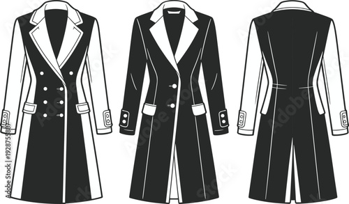 Black and white vector illustration of women long tailored coat, front and back views, fashion technical drawing template isolated on gray background