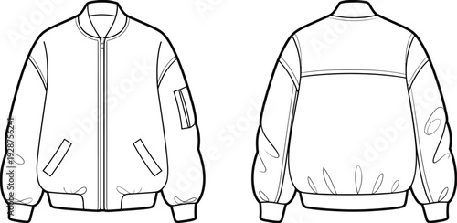 Black and white vector illustration of women oversized bomber jacket, front and back views, fashion technical drawing template isolated on gray background