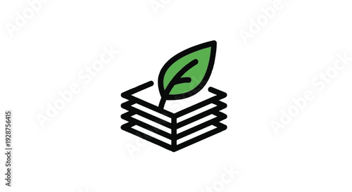 A simple black line icon of a green leaf growing from a stack of books