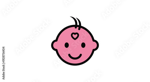 Cute pink cartoon baby face with heart on forehead