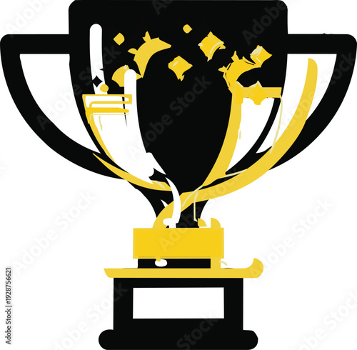 A black and gold trophy icon with confetti