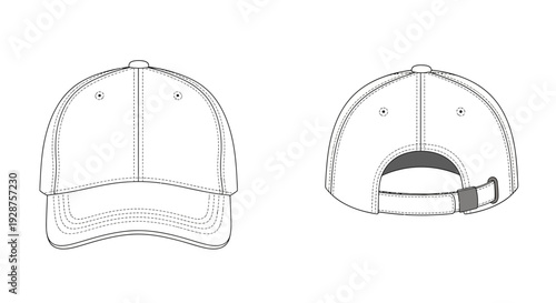 Baseball cap design front and back views in simple line art for illustration