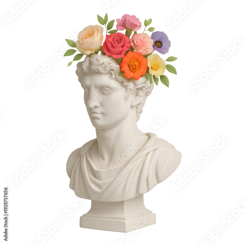 PNG Classical bust adorned with flowers.
