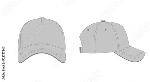 Blank gray baseball cap design front and side views isolated on white background