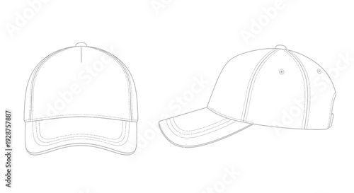 Baseball cap outline illustration front and side views isolated on white background