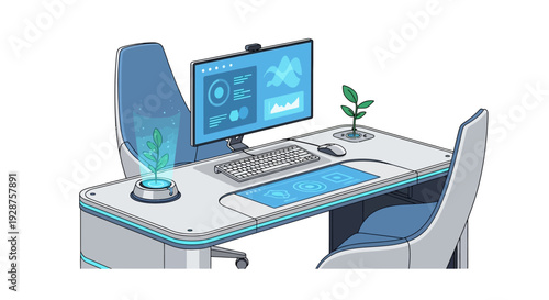 Modern office desk with computer screen displaying data and virtual plant
