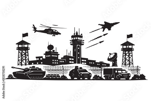Military Base Silhouette, Vector Illustration, Isolated on White Background