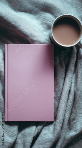 A mauve-colored book and a cup of tea on a gray fabric.