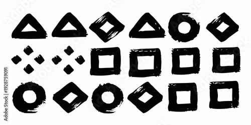 Black geometric shapes triangles squares diamonds and rectangles arranged in a modern pattern