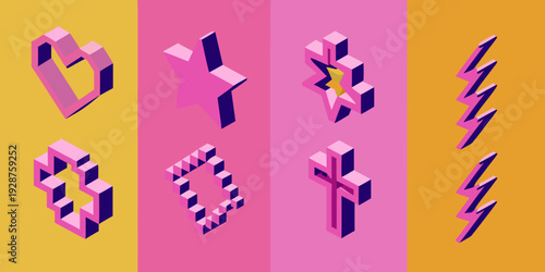 Abstract geometric shapes in purple hues arranged on vibrant colored background panels