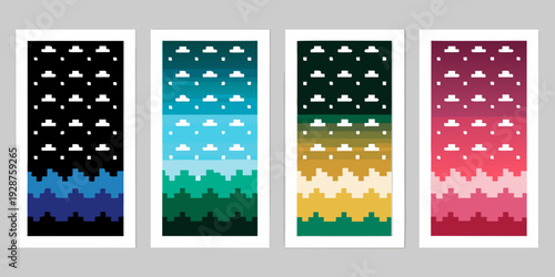 Four vertical abstract patterns with repeating silhouettes against vibrant color gradients