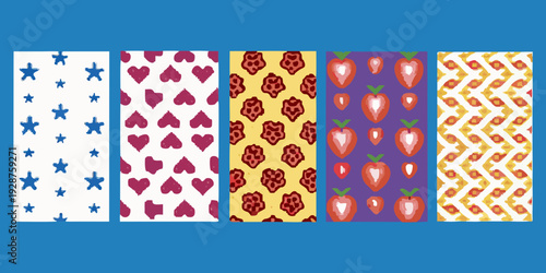 Vertical arrangement of patterned fabric swatches featuring stars hearts berries and geometric designs