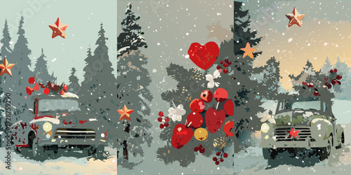 Festive winter scene with decorated christmas trees vintage cars and scattered star decorations