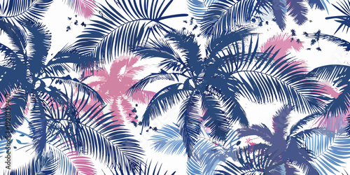 Tropical leaves pattern with palm fronds in blue pink and purple hues against a white