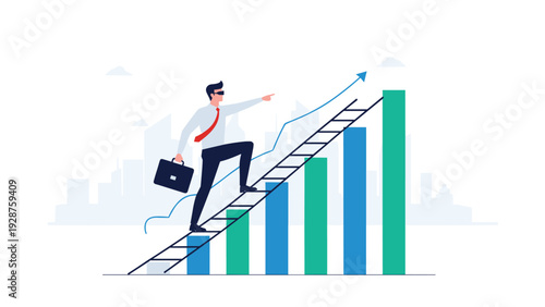 Blindfolded businessman climbs a steep ladder next to a rising bar chart representing risky investments and growth.