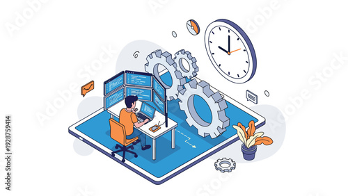 Computer programmer works at a multi-monitor setup on a digital tablet with gears and a clock symbolizing productivity.